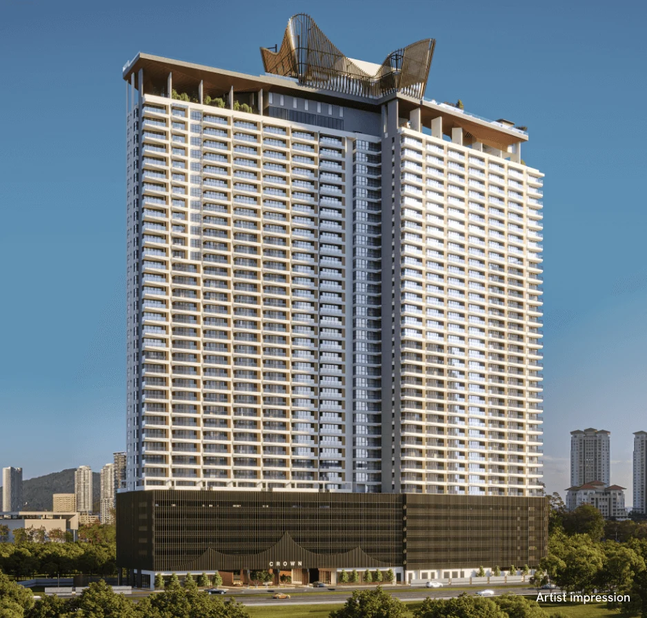 Facade artist impression of Crown Penang with the podium and sky-level crown feature.