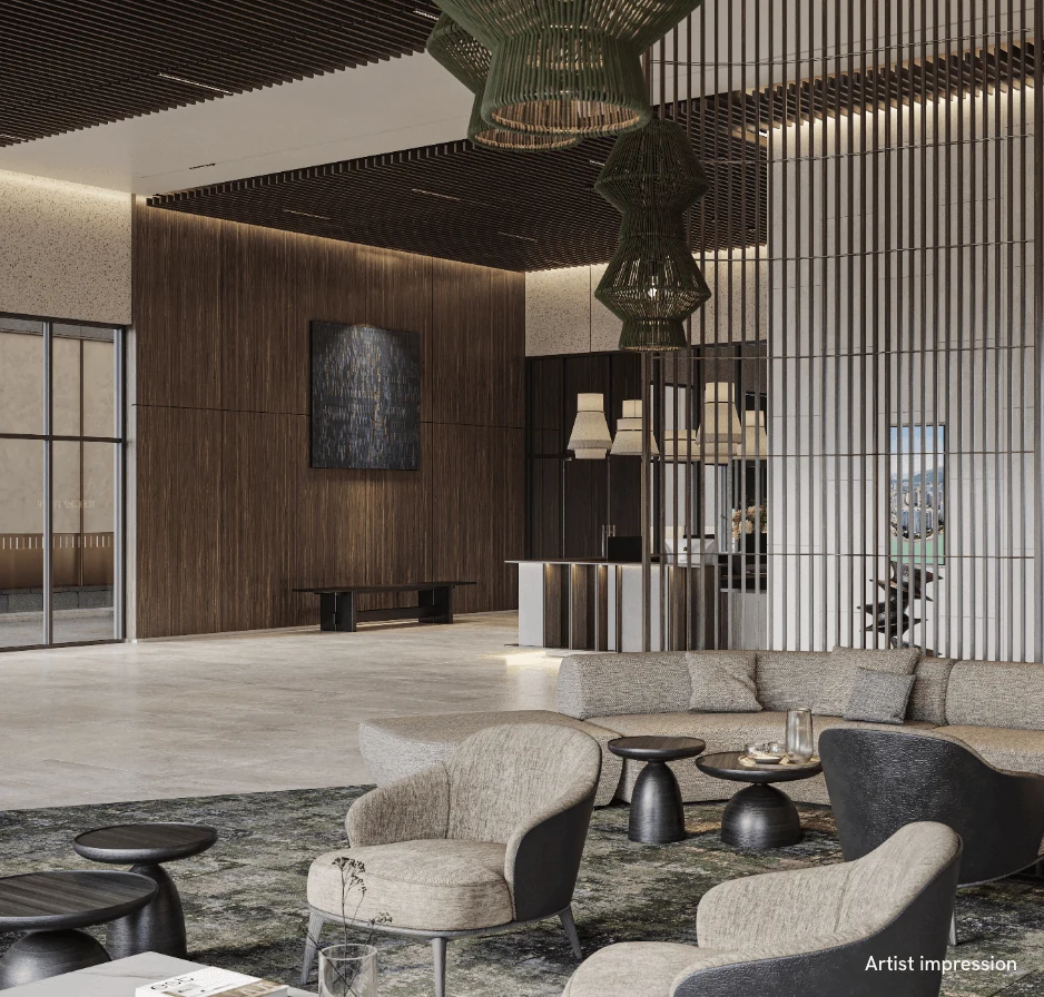 Grand-lobby artist impression with the arrival lounge and layered interior screening.