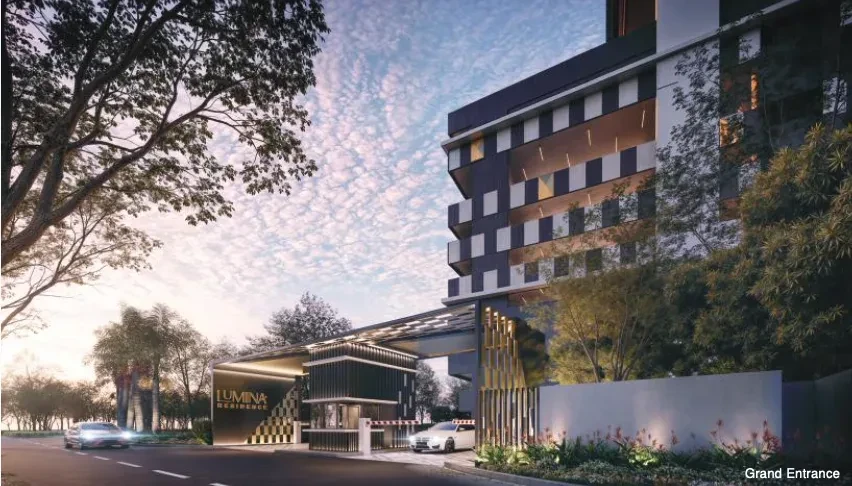 Artist impression of the Lumina Residence grand entrance and landscaped approach.