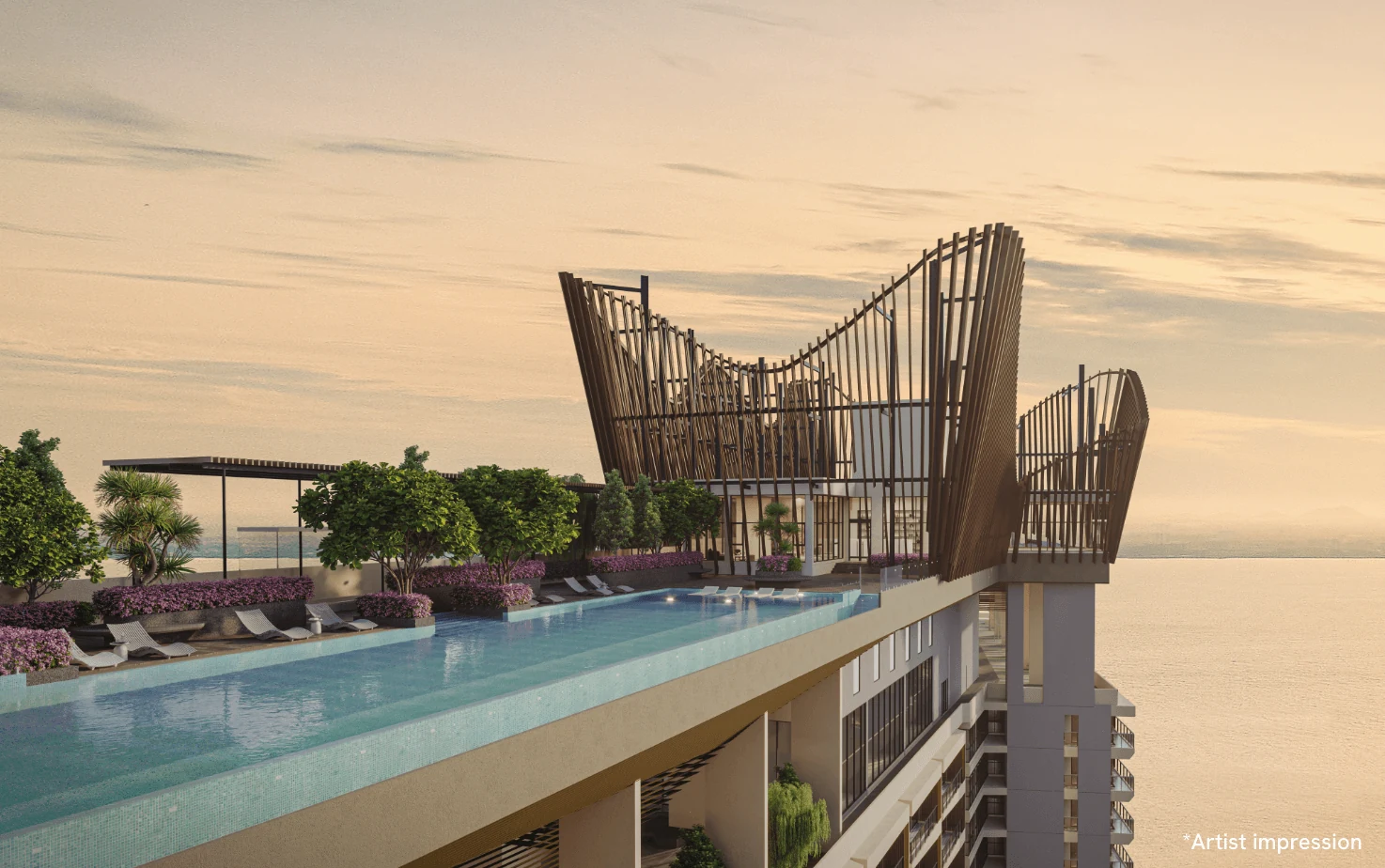 Sky-pool artist impression showing the upper-level pool deck and distinctive screen structure.