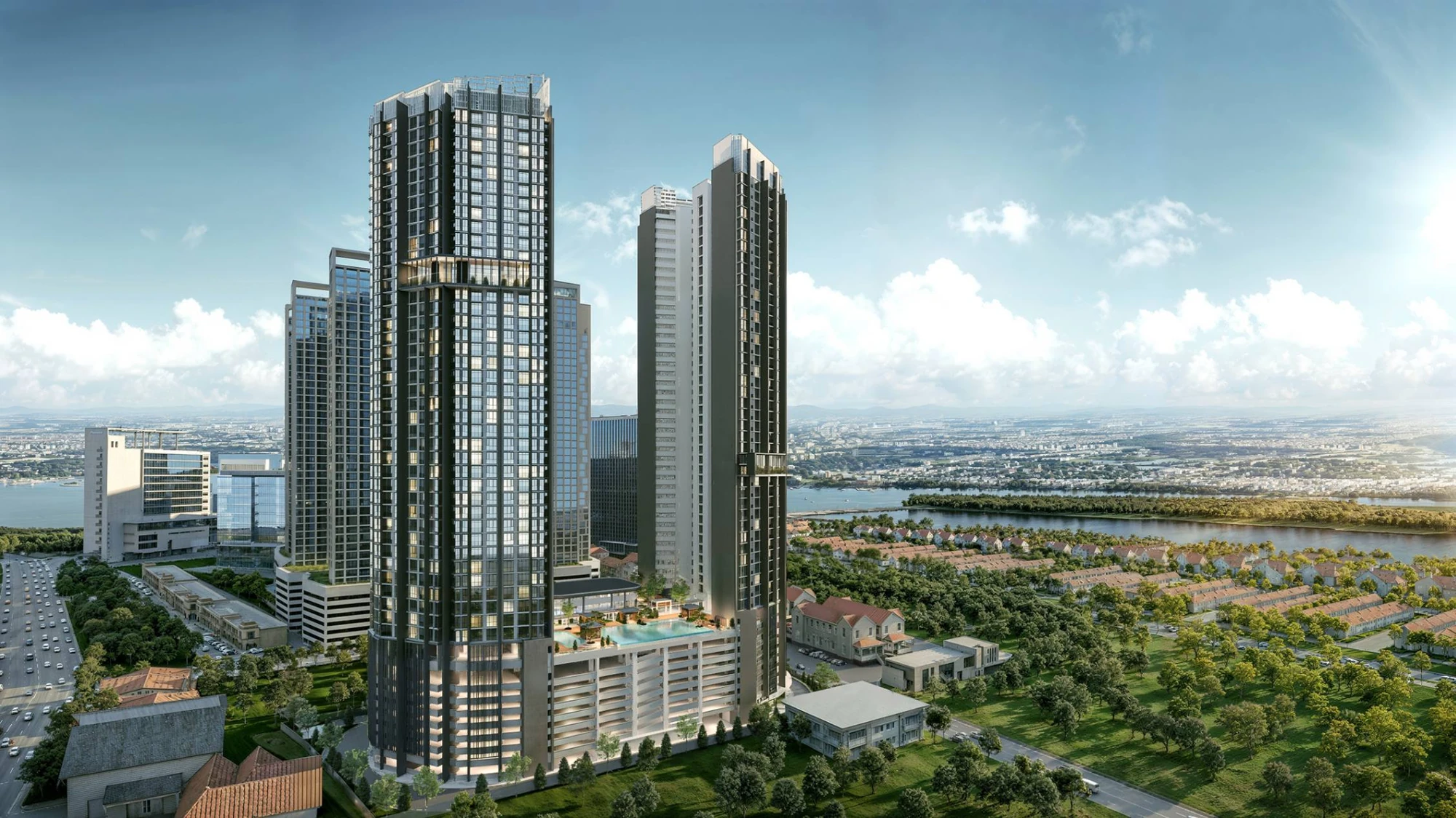 Aerial artist impression of the Eight & Eight towers and podium.