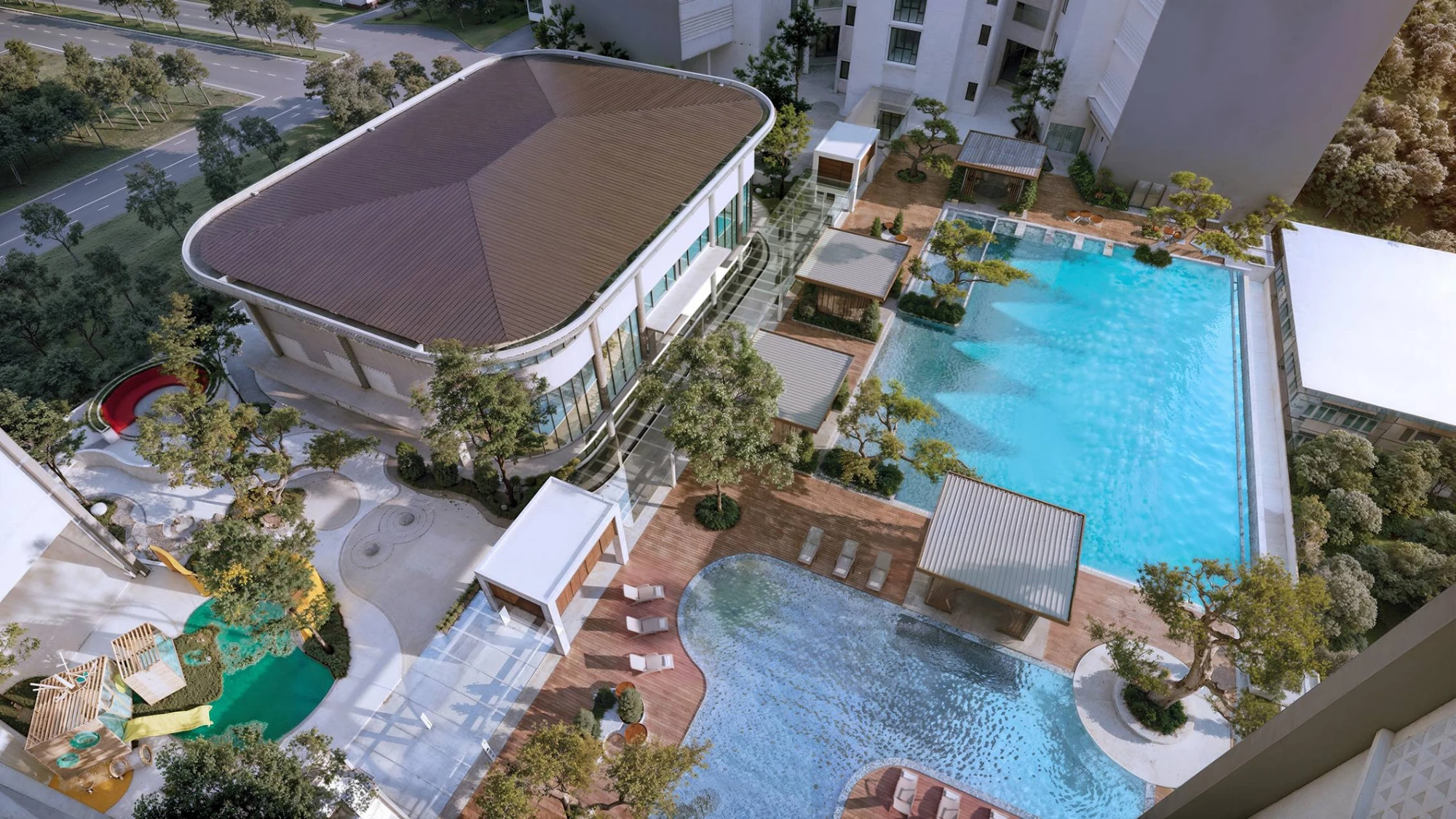 Facilities-deck artist impression showing the pool, landscaped areas and shared building.